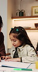 Mom, children and teaching with book in home for education, homework or tutoring daughter. Mother, reading or siblings with study notebook for distance learning or childhood development in house