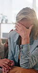 Woman, crying and holding hands in house with friends, support and empathy for healing from loss. Upset, mature people and tears on sofa with trust, understanding and help to process trauma together.