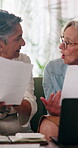 Financial planning, paperwork and lesbian couple with laptop in house, talking and checking savings. Lgbtq, relationship and mature women with tech for budget review, discussion and documents in home