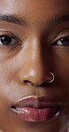 Face, closeup and woman with makeup for beauty, natural glow and transformation for clear skin. Portrait, African person and cosmetics for facial change, makeover and grooming wellness for aesthetics