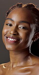 Beauty, face and laughing with black woman in studio for hydration results or satisfaction. Glow, shine and skincare with funny person on dark background for collagen, facial dermatology or vitamin c