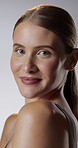 Face, skincare and smile with woman in studio for cosmetics, dermatology or hydration results. Aesthetic, beauty and natural with happy person on white background for facial grooming or wellness