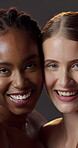 Face, happy women and friends in studio for skincare, natural glow and aesthetic on gray background. Portrait, smile and people together with beauty cosmetics, dermatology or skin health for wellness