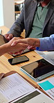 Meeting, handshake and business people in cafe with documents for investment planning. Discussion, shaking hands and team of financial advisors with paperwork for finance report in coffee shop.