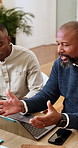 Business, mentor or team in office with laptop, feedback or advice on investment project. Collaboration, men or finance advisors in firm with tech, budget meeting or manager insight on revenue report