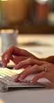Woman, hands and typing on keyboard for remote work, schedule update and editing email at night. Virtual assistant, tech and working late in home for planning, business research and agenda feedback