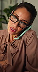 Phone call, contact and businesswoman in office at night with communication for finance negotiation. Glasses, deadline and mature financial manager on mobile discussion for investment feedback.