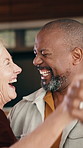 Happy, dancing or home with couple for romance, date or laughing together for funny joke or humor. Interracial relationship, man and woman with smile or movement for vibe, holiday or weekend in house