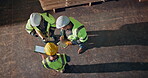 Team, above and tablet in timber factory with conversation, blueprint and clipboard for carpentry project. Men, lumber yard and furniture manufacturing with online floorplan for carpenter partnership