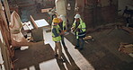 Team, tablet or paperwork in timber factory with talking, blueprint or clipboard for carpentry project. Men, above and check online floor plan for furniture manufacturing or carpenter partnership