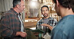 Carpentry, meeting and tablet with men in factory together for feedback or report. App, clipboard and discussion with people in woodworking warehouse for management, digital review or online update