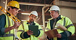 Men, tablet and clipboard in factory with talking, explain with blueprint or tools for construction project. Manager, task delegation or online floor plan with maintenance team and remodel flare