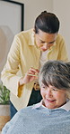 Comb, hairdresser and senior woman in home with hair care, styling or grooming in morning. Happy, texture and stylist with elderly person for hairstyle, cosmetic or beauty treatment in apartment.