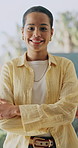 Face, arms crossed and creative woman with smile, about us and fashion blogger with pride. Portrait, confident and happy person with ambition outdoor, career opportunity or professional style editor
