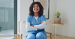 Face, woman and happy nurse with confidence in home for healthcare, career pride or wellness. Medical, caregiver and portrait of support worker with arms crossed, homecare professional and smile