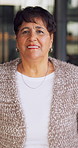 Happy, face and senior woman with pride for pension, free time or weekend in retirement home. Portrait, elderly pensioner or female person with smile for holiday, break or comfort in old age house