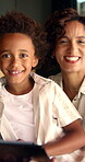 Happy mom, face and child with tablet in home, love and development with ebook and online education. Family, portrait and African woman with son, childcare and elearning with technology in house