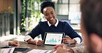 Business, woman and graphs in meeting with tablet screen, research or data analysis for accounting. Smile, people and team in workplace with tech, finance information and statistics for company audit