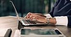 Hands, business and woman in office with laptop, research and data analysis for accounting. Female person, typing and email in workplace with pc, finance information and graph stats for company audit