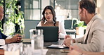 Sustainable, director or people in meeting with laptop, esg growth pitch or discussion on green operations. Feedback, lead or csr team with tech, conservation proposal or ethical strategy in agency.