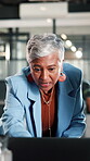 Office, meeting and mature woman with laptop, discussion and explaining financial report on website. Asset manager, talking and risk assessment with technology, online or person with info in business