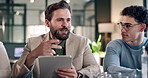 Discussion, tablet and business people in office with teamwork on finance growth with investment brief. Research, meeting and group of financial advisors with digital technology for revenue report.