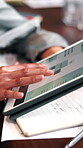 Hand, person or tablet screen with stats in office for web traffic, campaign metrics or KPI. Mindmap, marketing manager or tech with scroll for ads revenue graph, SEO algorithm or media buying system