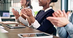 Meeting, hands or happy people with applause in office for business presentation, well done or good job. Group, employees or colleagues clapping with smile for celebration or success in workshop