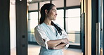 Crossed arms, planning and businesswoman in office for ideas, decision or choice on finance career. Thinking, smile and financial manager with reflection for job opportunity in workplace by flare.