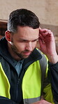 Stress, carpenter or confused man in workshop with brain fog, burnout or bankruptcy issue in startup. Frustrated, headache or engineer with manufacturing mistake at factory with deadline and fatigue