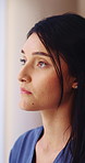 Nurse, thinking and woman with idea for medical service, reflection and solution for healthcare career. Hospital, nursing and thoughtful person wondering for wellness, insurance and medicare job
