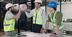Happy, architect and team in meeting with high five, good news and agreement for architecture. Smile, people and documents in office for celebration, construction achievement and building development