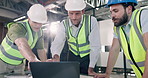 Architect, men and construction team with laptop, planning or renovation idea for maintenance. Computer, engineer and discussion with review for building design, safety compliance or flare in office