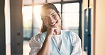 Business, face or woman in agency with laugh, property investor or pride in housing industry. Confidence, flare or happy realtor with funny joke, listing agent or about us in real estate career.