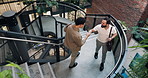 Fist bump, welcome and business men on office stairs for partnership, goals and team building. Collaboration, motivation and friends with gesture for support, above and success in agency together
