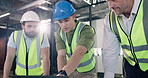 Architect, men and construction team with laptop, discussion or renovation idea for maintenance. Computer, engineer and planning with review for building design, safety compliance or flare in office
