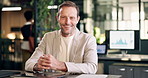 Face, smile and businessman in office, about us and investment analyst with pride for private equity. Happy, mature person and portrait of finance executive at work, experience or career integrity
