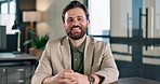 Face, smile and business man in corporate office for finance, confidence and private equity analyst. Portrait, happy person and investment professional in workplace, ambition and career growth