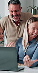 Happy, parents and laptop with children in home for website, research or booking holiday together. Mom, dad and talking with kids on computer for online travel app or planning family trip in house