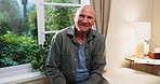 Senior, retirement and face with happy man in home for pension, holiday or break by window. Portrait, elderly or male person laughing with smile or confidence for free time, health or wellness