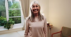Face, senior woman and smile in house for peace, calm morning and wellness in retirement. Portrait, elderly person and laugh for funny memory, good mood and confident of weekend break in living room