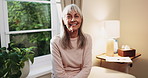 Face, senior woman and happy in house for peace, calm morning and wellness in retirement. Portrait, elderly person and smile for funny memory, good mood and confident of weekend break in living room