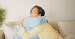 Happy, woman and hug with senior mother in lounge, connection and reunion with daughter in apartment. Family, support and listening to good news, embrace and conversation with old person in house