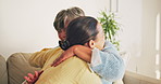 Laughing, senior mother and hug with woman in lounge, connection and reunion with daughter in house. Happy, family and listening to good news, embrace and funny discussion with old person in home