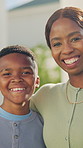 Face, mother and child outdoor by new home with laugh, funny joke and bonding together for relocation. Happy, black woman and son in backyard for connection, humor and family house for fresh start.