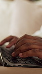 Typing, laptop and hands of businessman in office with online research for finance report. Computer, keyboard and financial advisor with email for feedback on investment proposal in workplace.