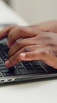 Typing, laptop and hands of businessperson in office with online research for finance report. Computer, keyboard and financial advisor with email for feedback on investment proposal in workplace.