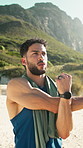 Thinking, stretching and man outdoor for fitness, training and start exercise for wellness. Nature, morning and person with warm up for health, arm mobility and breathe for muscles, prepare and ready