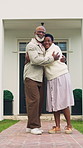 Face, hug and old couple on porch with house, new property and real estate investment for retirement. Happy, married senior black people and embrace in front yard with relocation, love or dream home.