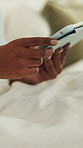 Woman, hands or bed with tablet for social media, internet connectivity or entertainment in home. Female person, relax or scrolling with technology in bedroom for online app or connection in house